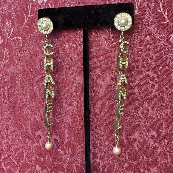 Chanel Pearl Rhinestone Letter Chandelier Dangling Earrings Pierced Authentic - Picture 1 of 6